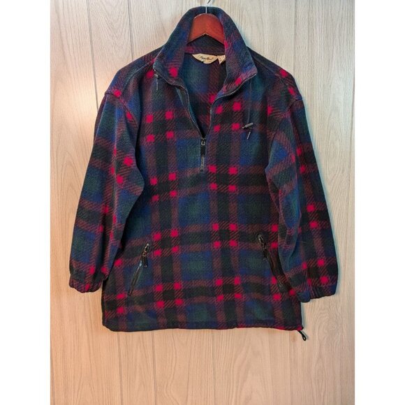Vtg Eddie Bauer Fleece 1/4 Zip Pullover Women Small S Blue Red Plaid Long Sleeve - Picture 1 of 6